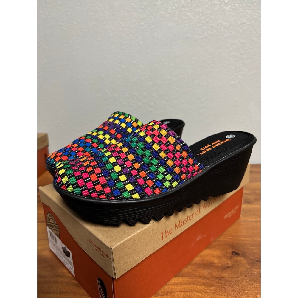Bernie Mev Mule Black Multi Rainbow Woven Wedge Platform Shoes Size 39 US 8